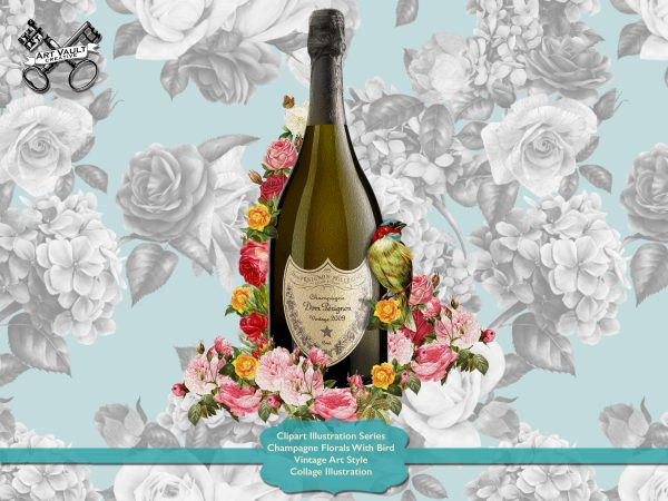 Champagne Bottle Floral With Bird Clipart