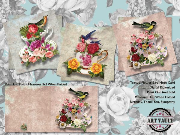 Teacup Flowers And Bird Digital Note Card