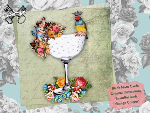 Vintage Champagne Coupe Floral Bird Blank Card