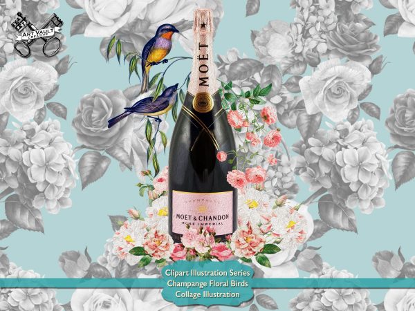 Pink Champagne Bottle Floral With Birds Clipart