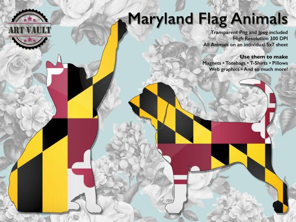 Dog and Cat whos body is filled with the colors of the Maryland Flag