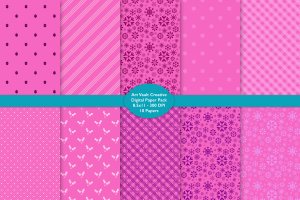 pink on pink digital paper with snowflakes, stripes, plaid and polka dots