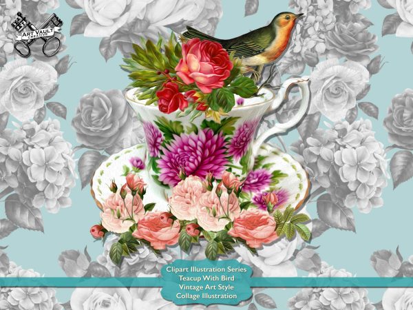 Robin red breats pearched on a teacup surrounded by flowers