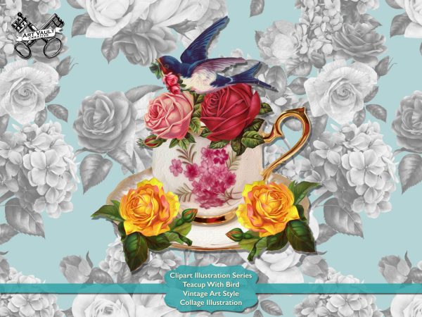 bluebird flying over vintage teacup surrounded by flowers